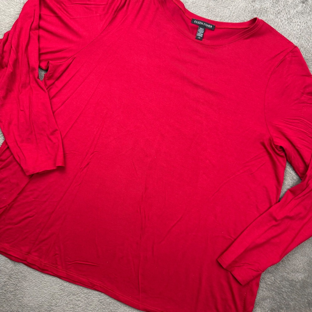 Eileen Fisher Top Women L Red Excellent Long Sleeve Viscose Jersey Crew Neck